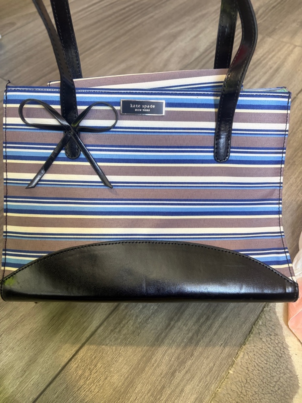 kate spade Striped Tote in Blue, Brown & Cream with Black Trim